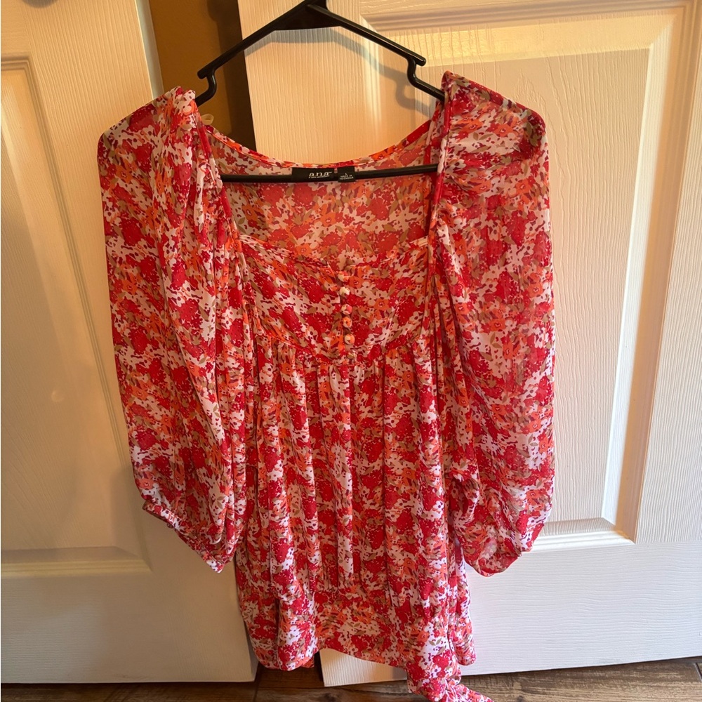 a.n.a Red and White Ruffled 3/4 Sleeve Blouse